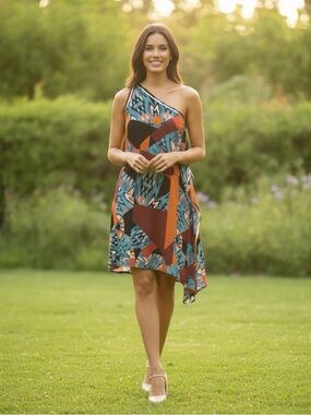 Marciano One Shoulder Multicolor Abstract Geo Silk DRESS with Gold Strap